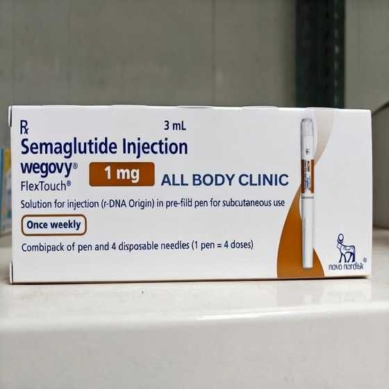 Wegovy 1 mg FlexTouch injection pen and packaging for semaglutide weight loss treatment.